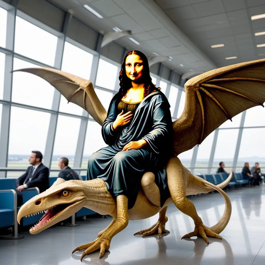 Prompt: Mona Lisa  riding a pterodactyl in  an airport