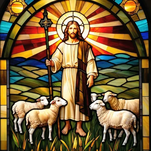 Prompt: a painting of Jesus as the shepherd  in a field of sheep with the sun setting behind him and a shepherd standing in the grass.