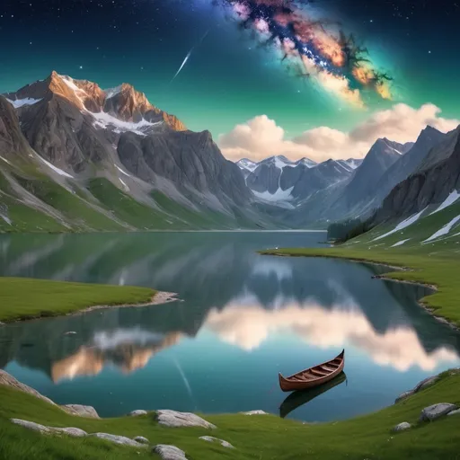 Prompt: an image showing the hope of new day. looking east. In foreground there is green meadows and large reflecting lake. the distended horizons of rugged mountains with snow on the peaks. The sky is completely clear of clouds. there is a "magic carpet".  the  "magic carpet" is flying in the high in air over the lake.     the sky is fill with the stars, milky way.




