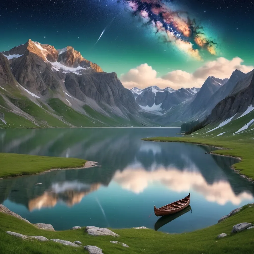 Prompt: an image showing the hope of new day. looking east. In foreground there is green meadows and large reflecting lake. the distended horizons of rugged mountains with snow on the peaks. The sky is completely clear of clouds. there is a "magic carpet".  the  "magic carpet" is flying in the high in air over the lake.     the sky is fill with the stars, milky way.




