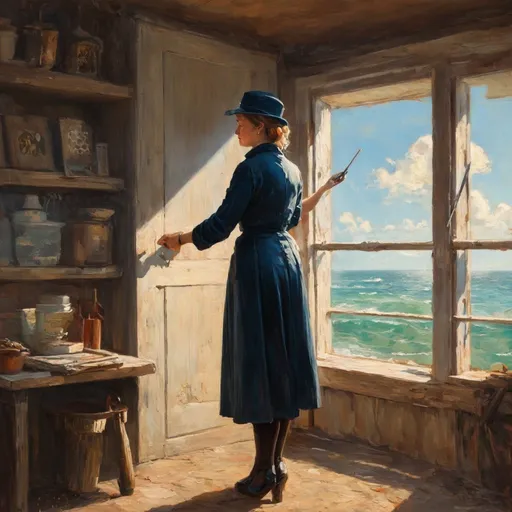 Prompt: Create a UHD, 64K professional oil painting set in the year 1870. Depict a 25-year-old woman working as a lighthouse keeper She is stands resolutely in the lighthouse by the light,