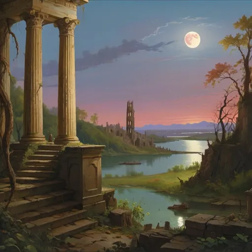 Prompt: a painting of a landscape with a lake and a tower in the middle of it, with a moon in the distance, The Course of Empire. Desolation by Thomas Cole, hudson river school, elysium, a painting


"Step into the haunting world of Thomas Cole's 'The Course of Empire: Desolation' as you reimagine this powerful painting in your own unique style.

Transport viewers to a post-apocalyptic landscape, where the remnants of civilization lay in ruins amidst the overgrown foliage and crumbling architecture. Embrace the eerie beauty of nature reclaiming its territory as vines creep up the columns and trees take root in the once-grand structures.

Experiment with light and shadow to capture the sense of desolation and decay, as the muted colors of sunset cast long shadows across the scene. Explore the juxtaposition of nature's relentless growth with the impermanence of human achievement, inviting viewers to contemplate themes of mortality and resilience.

Infuse your artwork with a sense of narrative, inviting viewers to ponder the events that led to this desolate state and imagine the stories of the people who once inhabited this place. Whether you choose to stay true to Cole's original vision or offer a fresh interpretation of the theme, let your creativity shine as you explore the timeless themes of human civilization and the passage of time."

This prompt encourages artists to delve into themes of destruction, renewal, and the passage of time, inviting them to create their own unique interpretation of Cole's masterpiece.