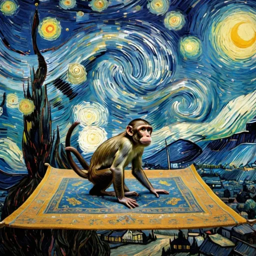Prompt: A Monkey flying on a "magic carpet" in "The Starry Night" by Vincent van Gogh