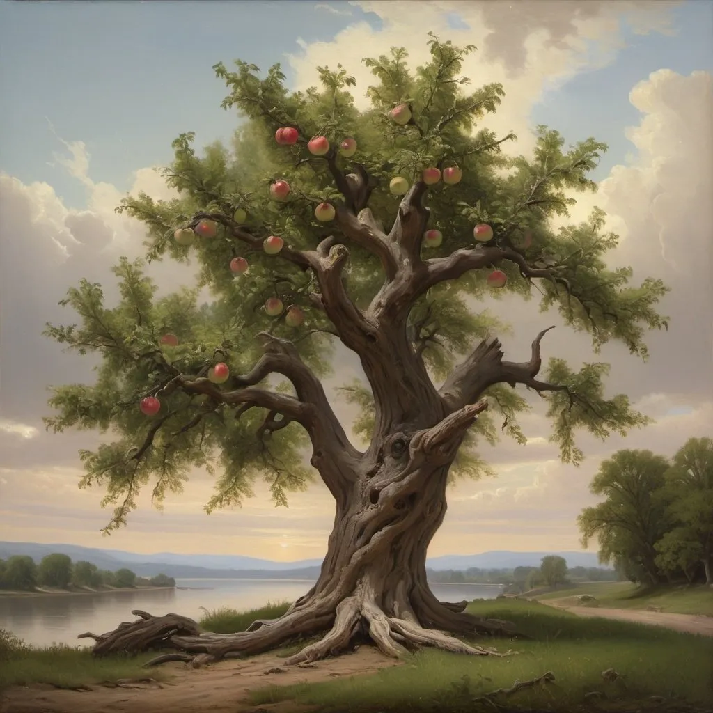 Prompt: Create a UHD, 64K, professional oil painting, Hudson River School, scene painting, Depict "The old apple tree, gnarled and bent, still bore fruit, a testament to its enduring strength and resilience."