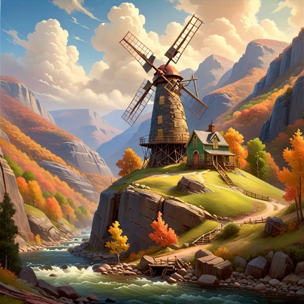 Prompt: Create a UHD, 64K, professional oil painting, Hudson River School, american scene painting, Depict a playfully  balanced windmill on  the mountain that stood out  bold and clear against the sky its towering crags and deep ravines filled with mystery and beauty.