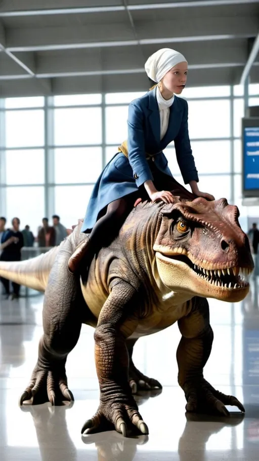 Prompt: "the girl with the pearl earring" riding a   tyrannosaurus in  an airport