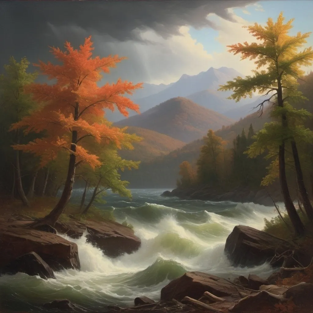 Prompt: Create a oil painting in the style of Albert Bierstadt, Hudson River School, Depict As leaves that before the wild hurricane fly,