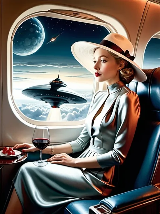 Prompt: a 21-year-old woman in a long flower print Empire Dress with a high neck line and white hat  sitting on an airplane seat with a hat on her head, drinking red wine, and an attacking UFO in the night shy in in the background with a window, Annie Leibovitz, precisionism, promotional image, an art deco painting