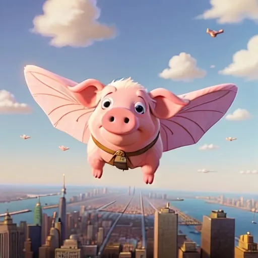 Prompt: a  pig ,  flying over New York city  on hang glider, 1970s oil painting,

