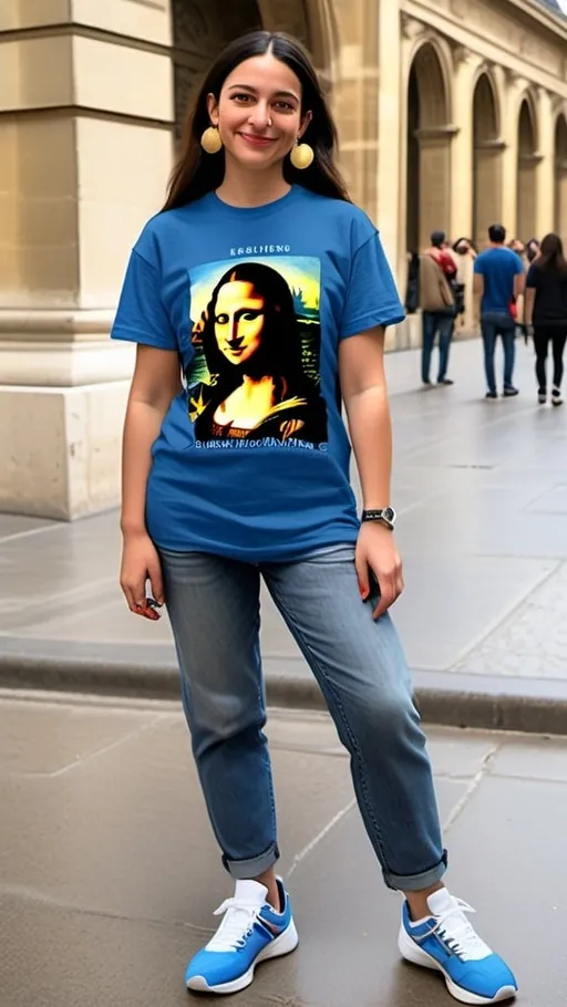 Prompt: a full-length portrait painting,
Mona Lisa,
standing on the sidewalk outside the Louvre Museum, 
a smile on her face, 
gold-earrings,  
Louvre Museum  souvenir t-shirt, 
long blue jean,
blue tennis shoes,
academic art, 
renaissance oil painting
