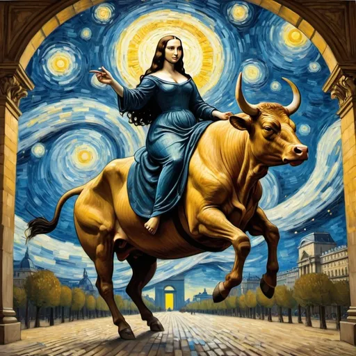 Prompt: Mona Lisa riding a bull  through the Arc de Triomphe in the style of "The Starry Night" by Vincent van Gogh
