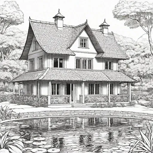 Prompt: create a very detailed and magnificent cottage in a water pond ,  in east Africa 