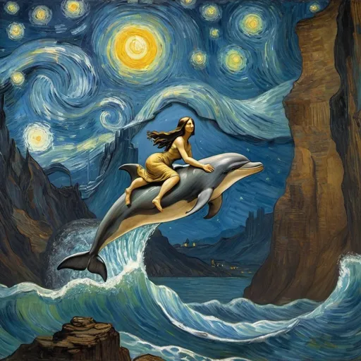 Prompt: Mona Lisa riding a  dolphin that is jumping over a canyon in "The Starry Night" by Vincent van Gogh