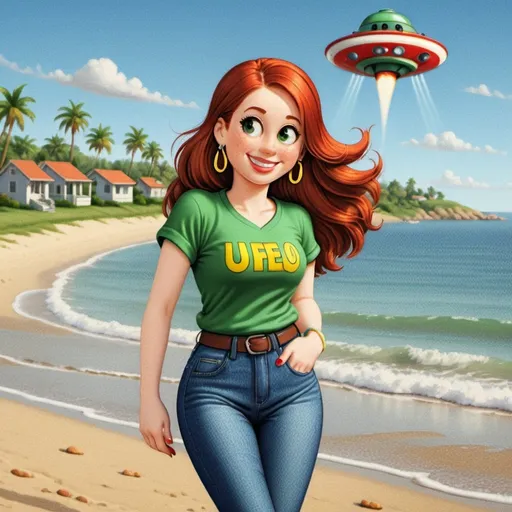 Prompt: photorealistic portrait of a [(27 year-old woman),  (cover with dark freckle), (green eyes), (long ginger hair), (red lipstick), (a smile on her face), ( smiley face earrings), (smiley-face t-shirt), (long blue jean), (red and blue tennis shoes),]on the beach, looking very excited at an attacking UFO