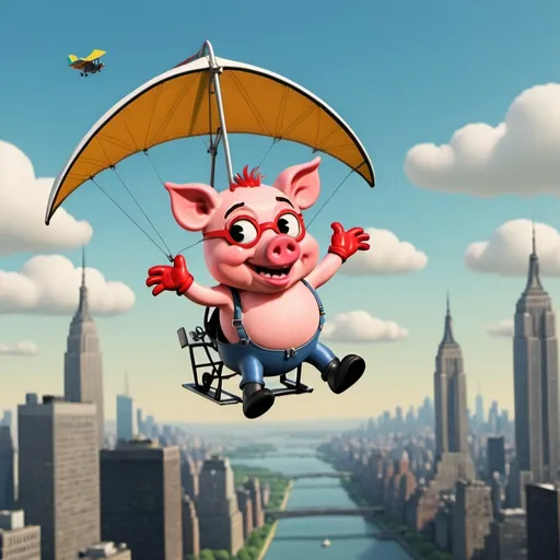 Prompt: a  pig ,  flying over New York city  on hang glider, 