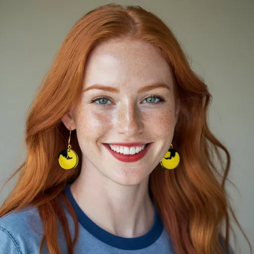 Prompt: a  portrait, 27 year-old woman, walking  cover with dark freckle, green eyes, long ginger hair, red lipstick, a smile on her face, gold-earrings-with-a-smiley-face- ON-them,  smiley-face t-shirt, long blue jean, red and blue tennis shoes,  photo 