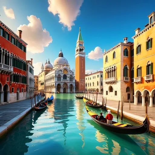 Prompt: Create a vibrant and detailed painting of a bustling Venetian scene reminiscent of Canaletto's style. The composition should include a grand canal filled with gondolas and other boats, showcasing a lively procession or festival. On the left, depict the majestic Campanile di San Marco rising above the scene, and to the right, include the ornate Doge's Palace with its distinctive Gothic architecture. Populate the scene with people dressed in period-appropriate clothing, engaging in various activities such as rowing, conversing, and celebrating. The water should reflect the vivid colors of the boats and buildings, adding to the dynamic atmosphere. Ensure the sky is clear with soft clouds, allowing the sunlight to enhance the architectural details and the festive mood of the scene. Capture the essence of historical Venice, emphasizing its rich culture and lively spirit.
