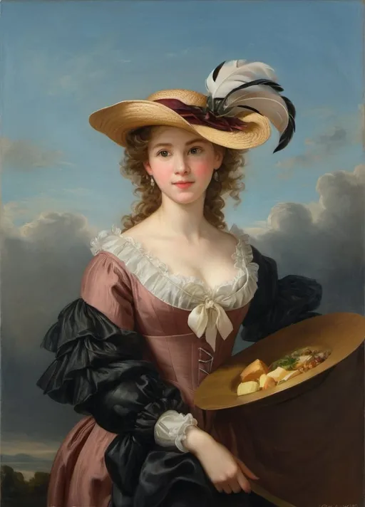 Prompt: a painting of a woman in a hat holding a plate of food and a feathered hat on her head, Élisabeth Vigée Le Brun, rococo, painting, a painting

Self-portrait in a Straw Hat (French: Autoportrait au chapeau de paille, Dutch: Zelfportret met strohoed) Self-portrait in a straw hat can be seen primarily as a study of the effect of light, in the spirit of Rubens. Partly because her eyes fall into the shadow of the hat, the viewer's gaze is immediately drawn to the neck lit from below, which widens into her central décolleté. In the other parts of the work she manages to reintroduce the brilliant shine of directly reflected natural light into the spirit of her great example. She shows herself in the open air against a cloud-moving, but calm sky, which contrasts particularly in the colour composition with the multi-coloured depiction of herself as a painter. More than Rubens, who places a strong emphasis on the chest of his model, she portrays herself as a complete, emancipated personality (wikipedia)