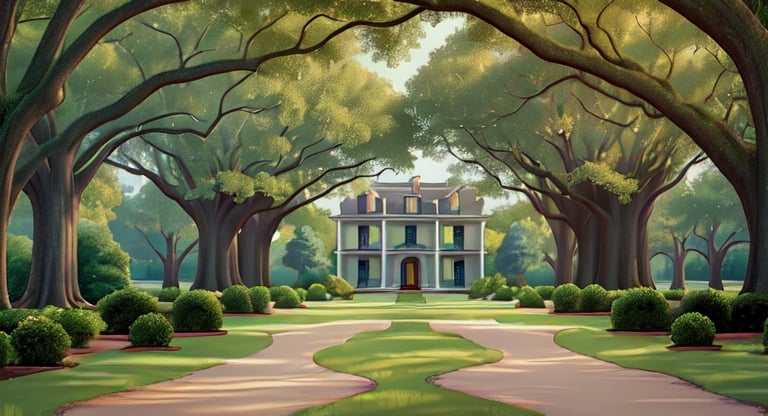 Prompt: Oak Alley Plantation, looking towards the main house from the direction of the Mississippi River.

a house is surrounded by trees and grass on a sunny day with a path leading to it and a brick walkway leading to the front door, Balcomb Greene, american romanticism, award-winning photograph, a digital rendering

"Step into the timeless elegance of Oak Alley Plantation as you reimagine the iconic view looking towards the main house from the direction of the Mississippi River.

Capture the grandeur of the plantation's majestic oak-lined pathway, where centuries-old trees create a dramatic canopy overhead, casting dappled shadows on the winding path below.

Experiment with perspective and composition to evoke a sense of depth and scale, drawing viewers into the scene as they follow the pathway towards the stately main house in the distance.

Explore the interplay of light and shadow as the golden hues of the setting sun illuminate the plantation grounds, infusing the landscape with warmth and vitality.

Consider incorporating elements of history and narrative into your interpretation of Oak Alley Plantation, inviting viewers to reflect on the complex legacy of the antebellum South and the lives of those who lived and worked on the plantation.

Whether you choose to work with traditional mediums such as paint or pencil, or explore digital techniques and mixed media, let your imagination take flight as you breathe new life into this iconic Southern landmark.

Embrace the spirit of discovery and exploration as you embark on a journey through time and space, inviting viewers to join you on a captivating artistic voyage through the splendor of Oak Alley Plantation."