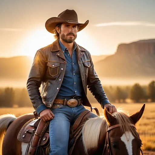 Prompt: rugged 25-year-old Cowboy riding on horseback,
ten gallon hat, 
wide angle view, 
full depth of field, 
beautiful, 
high resolution, 
realistic, 
detailed beard,
old west atmosphere, 
golden hour lighting, 
misty colors
shirt and blue jeans, 
rugged beauty,
portrait painting, 
professional quality, 
sunrise,
cowboy boots , 
rope , 
realistic, 
leather jacket,
serene atmosphere, 
wide angle view, 
full depth of field, 
beautiful, high resolution, 
golden hour lighting, 
leather jacket, 
rugged  beauty.