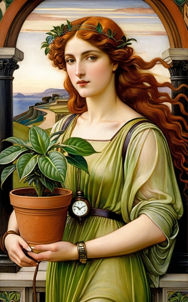 Prompt: a painting of a woman holding a potted plant in her hands and a clock on her wrist,, Evelyn De Morgan, pre-raphaelitism, pre - raphaelite, an art deco painting