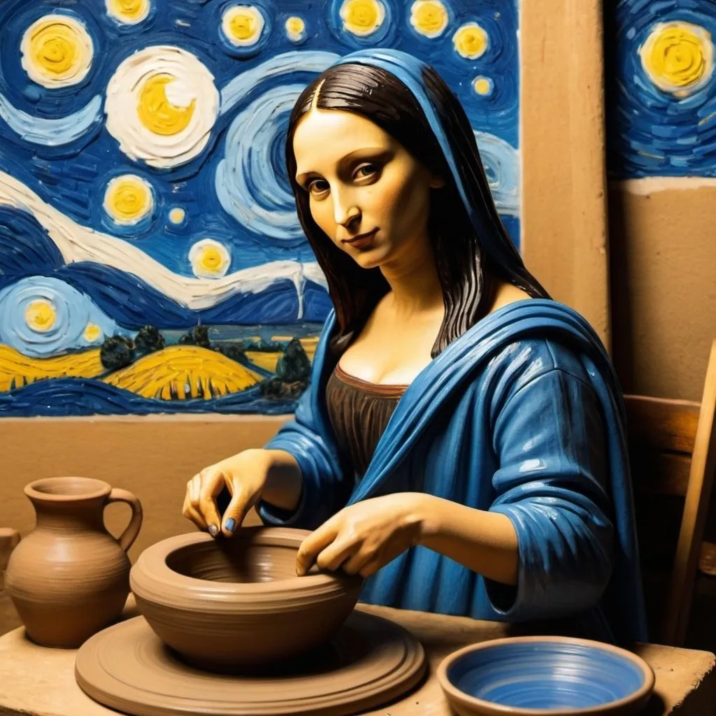 Prompt: Mona Lisa  making pottery on pottery wheel  in the style of "The Starry Night" by Vincent van Gogh