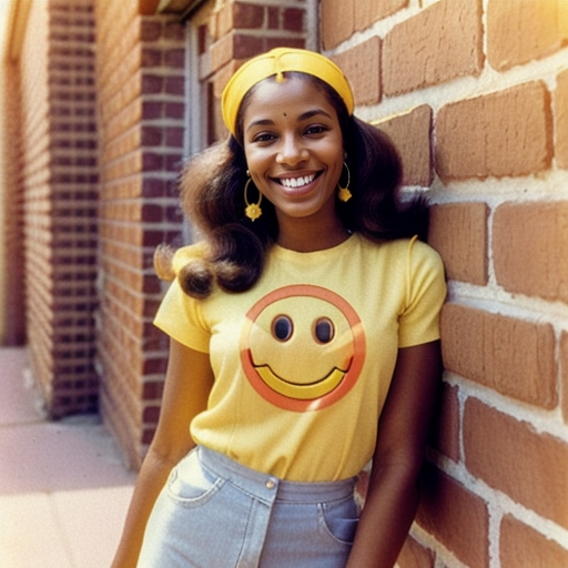 Prompt:  woman with earrings 1970s smiley 
face yellow,
and a smiley face on her shirt
 is standing by a brick wall 
and smiling at the camera, Ella Guru, verdadism, cheerful, a stock photo