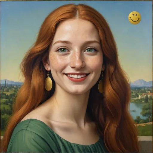 Prompt: a half-length portrait painting,
27 year-old woman,
cover with dark freckle,
green eyes,
long ginger hair,
red lipstick,
a smile on her face, 
"smiley-face-gold-earrings",  
T-shirt, 
with a green background and a blue sky,
 Fra Bartolomeo,
 academic art,
1970s oil painting,
 a painting in the style of  Mona Lisa