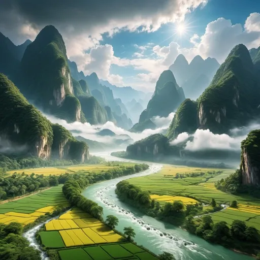 Prompt: a valley with a river in the middle of it and mountains in the background with clouds in the sky, Cao Buxing, naturalism, nature, a detailed matte painting