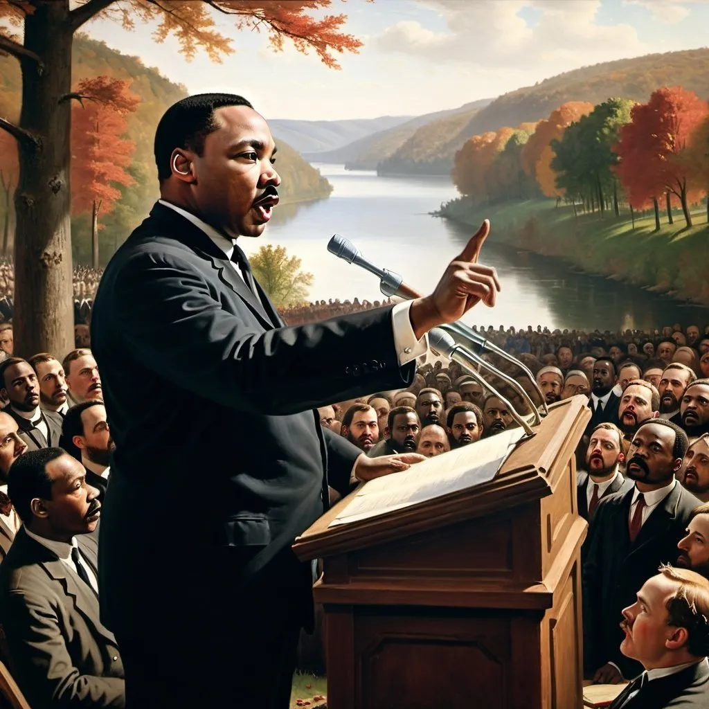 Prompt: painting of Martin Luther King giving a speech, Albert Bierstadt, Hudson River School, a fine art painting, UHD, 64K