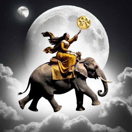 Prompt: Mona Lisa riding an elephant as it is flying over the Moon.