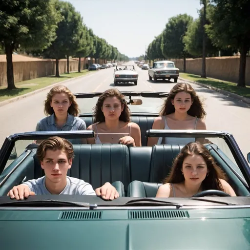 Prompt: photo of a 21 year-old college man,
driving a convertible,
with passengers in the back seats,
21 year-old  Mona Lisa,  
21 year-old Helen of Troy,