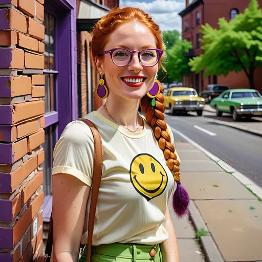 Prompt: a woman, with earrings 1970s  smiley face yellow, green eyes. cover with dark freckle. long ginger hair ginger in a French braid. wearing lipstick red. broad rimmed eyeglasses purple .  standing next to a brick wall with a smiley face on it's shirt, Elinor Proby Adams, maximalism, summer vibrancy, 1970s oil painting.
