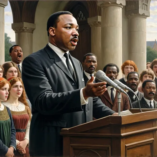 Prompt: painting of Martin Luther King giving a speech, Edmund Leighton, pre-raphaelitism, pre - raphaelite, a fine art painting, UHD, 64K