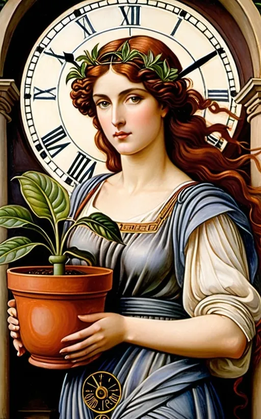 Prompt: a painting of a woman holding a potted plant in front of a clock face with roman numerals, Evelyn De Morgan, pre-raphaelitism, pre - raphaelite, a fine art painting