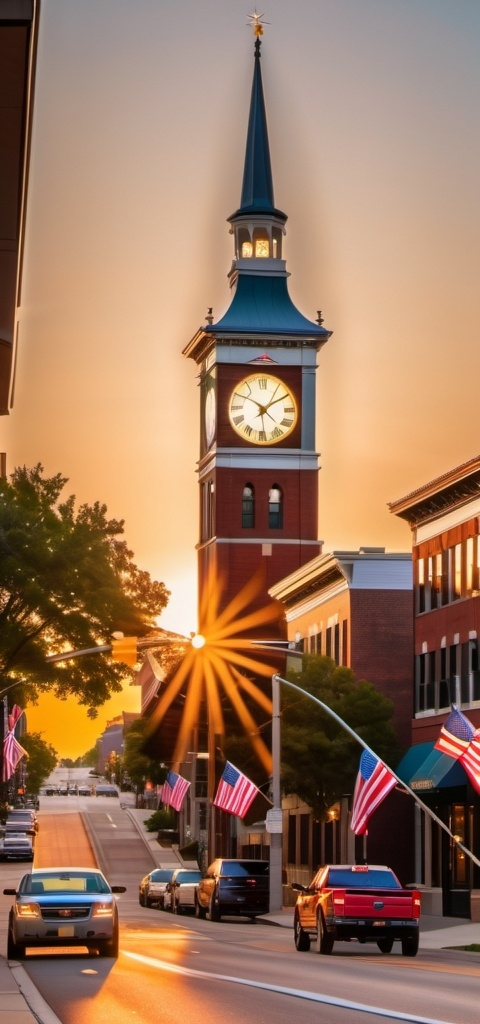 Prompt: a clock tower in the middle of a city street at sunset with american flags flying in the background and a sunbeam, Arlington Nelson Lindenmuth, regionalism, golden hour, a stock photo