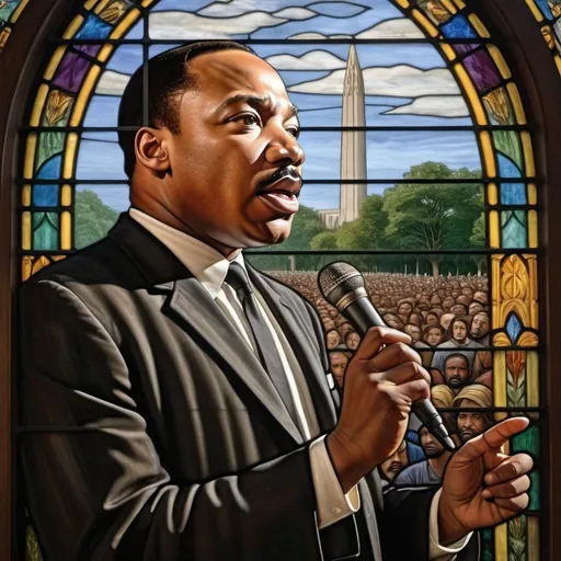 Prompt: Stained Glass Portrait of Martin Luther King giving a speech, Edmund Leighton, pre-raphaelitism, pre - raphaelite, a fine art Stained Glass Portrait, UHD, 64K