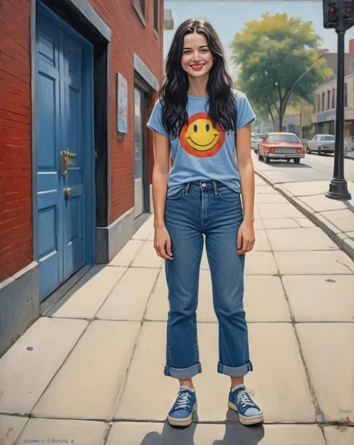 Prompt: a full-length portrait painting,
 27 year-old woman, 
cover with dark freckle,
 blue eyes, 
long black hair, 
red lipstick, 
a smile on her face, 
standing on sidewalk chart art, 
smiley-face  t-shirt, 
long blue jean,
blue tennis shoes,
1970s oil painting,