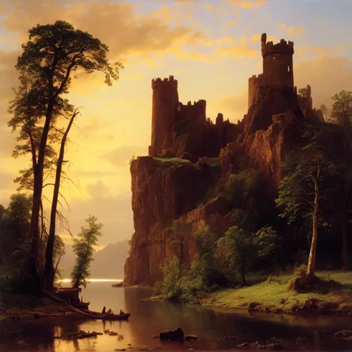 Prompt: <mymodel>Create a UHD, 64K, professional oil painting in the style of Albert Bierstadt,  Depict The castle  old and ruined in many parts