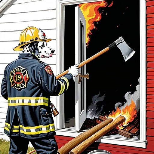 Prompt: A painting profile view  of an anthropomorphic dalmatian dog as firefighter, suit firefighter suit helmet on using an ax to chop a door of a home that is on fire.