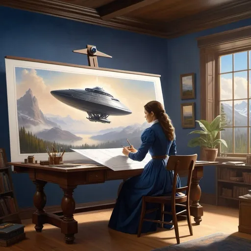 Prompt: painting of a woman drawing a blueprint as she is working as  an Aerospace Engineer designing a space ship in an office , 
Albert Bierstadt, a realistic painting, UHD, 64K