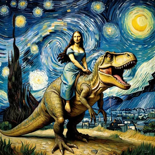 Prompt: Mona Lisa riding a Tyrannosaurus in  "The Starry Night" by Vincent van Gogh