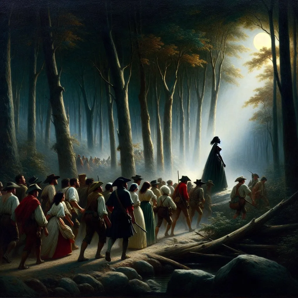 Prompt: Create a UHD, 64K, professional oil painting in the style of Thomas Moran, blending influences from the Hudson River School and traditional American historical art. Depict Harriet Tubman guiding a group of runaway slaves under the cover of moonlight. The scene is set in a dense, shadowy forest, with moonlight filtering