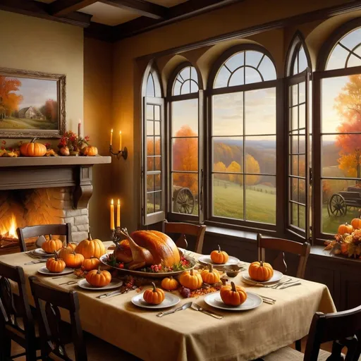 Prompt: Create a UHD, 64K, professional oil painting in the style of Carl Heinrich Bloch, blending the American Barbizon School and Flemish Baroque influences. Depict a warm, inviting scene of a Thanksgiving dinner at grandmother's house. The table is set with a bountiful feast, including a golden roasted turkey, bowls of mashed potatoes, gravy, cranberry sauce, and an assortment of vegetables. The dining room is filled with the soft glow of candlelight and the cozy warmth of a crackling fireplace. Family members of all ages are gathered around the table, their faces lit with joy and laughter. The room is adorned with autumnal decorations, such as pumpkins, leaves, and cornucopias. In the background, through a large window, a picturesque view of a late autumn landscape can be seen, with golden leaves and a setting sun casting a warm glow over the scene.



