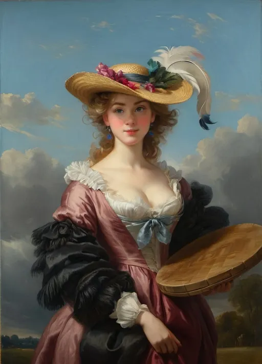 Prompt: a painting of a woman in a hat holding a flat wooden painting pallet with paint on it and a feathered hat on her head, Élisabeth Vigée Le Brun, rococo, painting, a painting

Self-portrait in a Straw Hat (French: Autoportrait au chapeau de paille, Dutch: Zelfportret met strohoed) Self-portrait in a straw hat can be seen primarily as a study of the effect of light, in the spirit of Rubens. Partly because her eyes fall into the shadow of the hat, the viewer's gaze is immediately drawn to the neck lit from below, which widens into her central décolleté. In the other parts of the work she manages to reintroduce the brilliant shine of directly reflected natural light into the spirit of her great example. She shows herself in the open air against a cloud-moving, but calm sky, which contrasts particularly in the colour composition with the multi-coloured depiction of herself as a painter. More than Rubens, who places a strong emphasis on the chest of his model, she portrays herself as a complete, emancipated personality (wikipedia)