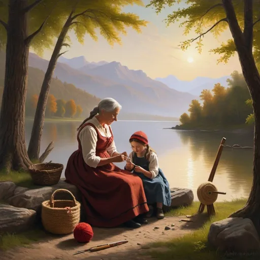 Prompt: Create a UHD, 64K, professional oil painting in the style of Albert Bierstadt, Hudson River School, american scene painting, Depict "A heartwarming scene where a grandmother is teaching her granddaughter how to crochet. The setting is cozy and filled with warmth, showcasing the bond and joy of passing down skills through generations."

