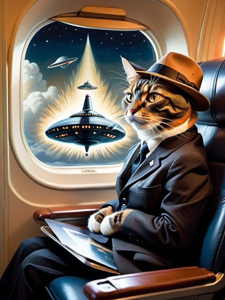 Prompt: a  anthropomorphic Tortoiseshell  cat sitting on an airplane seat with a hat on his head and a attacking UFO in the night shy in the background with a window, Annie Leibovitz, precisionism, promotional image, an art deco painting