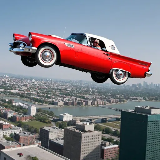Prompt: man  in a flying red ford 1957 thunderbird flying over a city
