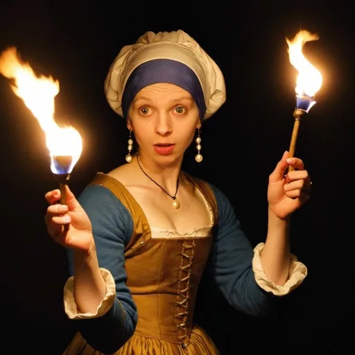 Prompt: "the girl with the pearl earring" juggling torches
