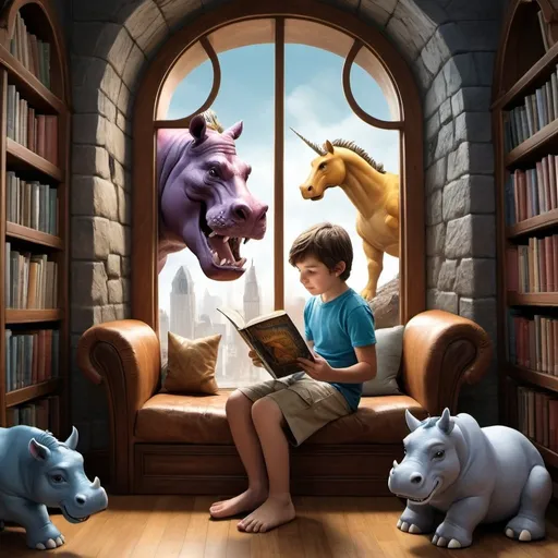 Prompt: A 7-year old boy  reading  a book,

in a cozy reading corner in a city library.

With a large window.

In the window "an illustration capturing the epic journey of six unlikely heroes on a quest to save a princess from the clutches of a tyrannosaurus. Let your imagination roam as you depict the lion, bull, tiger, rhinoceros, hippopotamus, and unicorn traversing treacherous landscapes, facing off against the fearsome beast, and ultimately uniting with the princess to overcome adversity. Show the bonds of friendship, the thrill of adventure, and the triumph of courage in your artwork. Feel free to add your own unique twists and details to bring this fantastical tale to life"